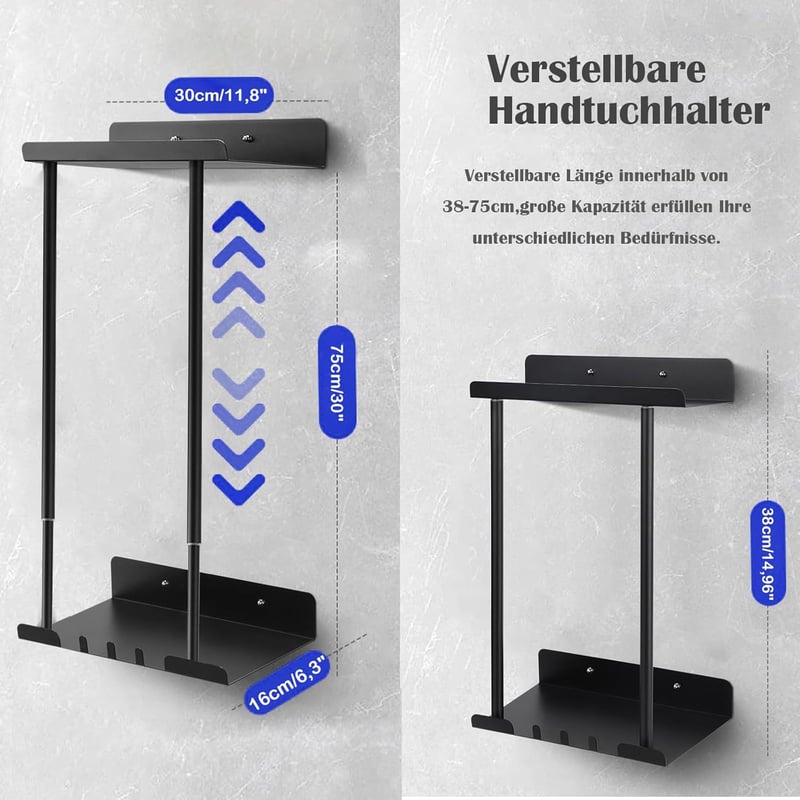 Asdsed Öntapadós Törölközőtartó Polccal 38-75 cm Fekete - Black