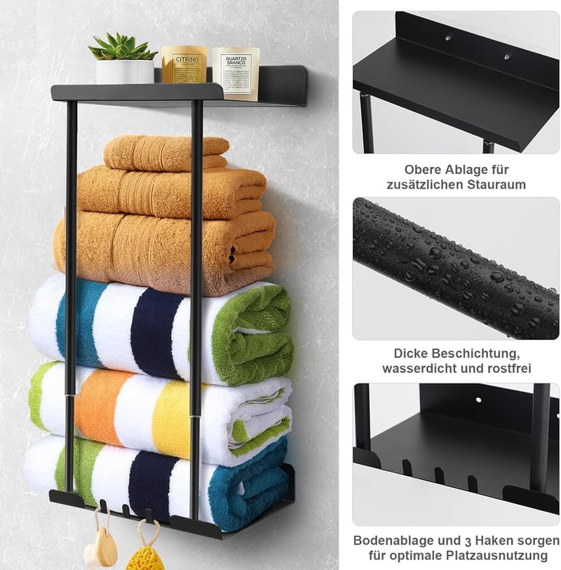 Asdsed Öntapadós Törölközőtartó Polccal 38-75 cm Fekete - Black