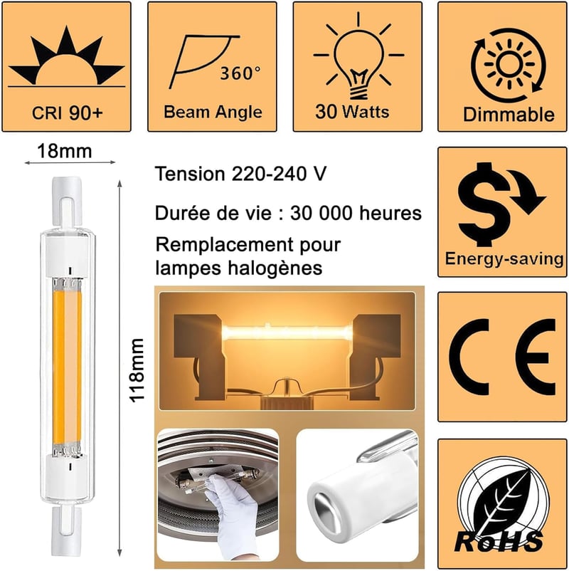Aseoacc R7S LED 118mm 30W dimmelhető meleg fehér 3000K 3000lm COB 360°
