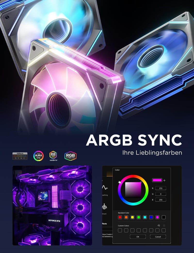 AsiaHorse RGB 120mm PC ventilátor szett 3db fekete ARGB PWM 1800RPM
