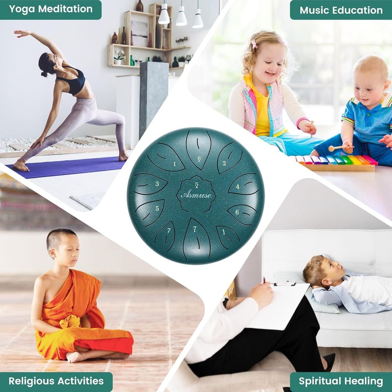Asmuse Tongue Drum 10" - 11 Hangú C-Dúr Acél Handpan Dob Meditációhoz, Jógához - Pávatollkék Színben, Utazótáskával