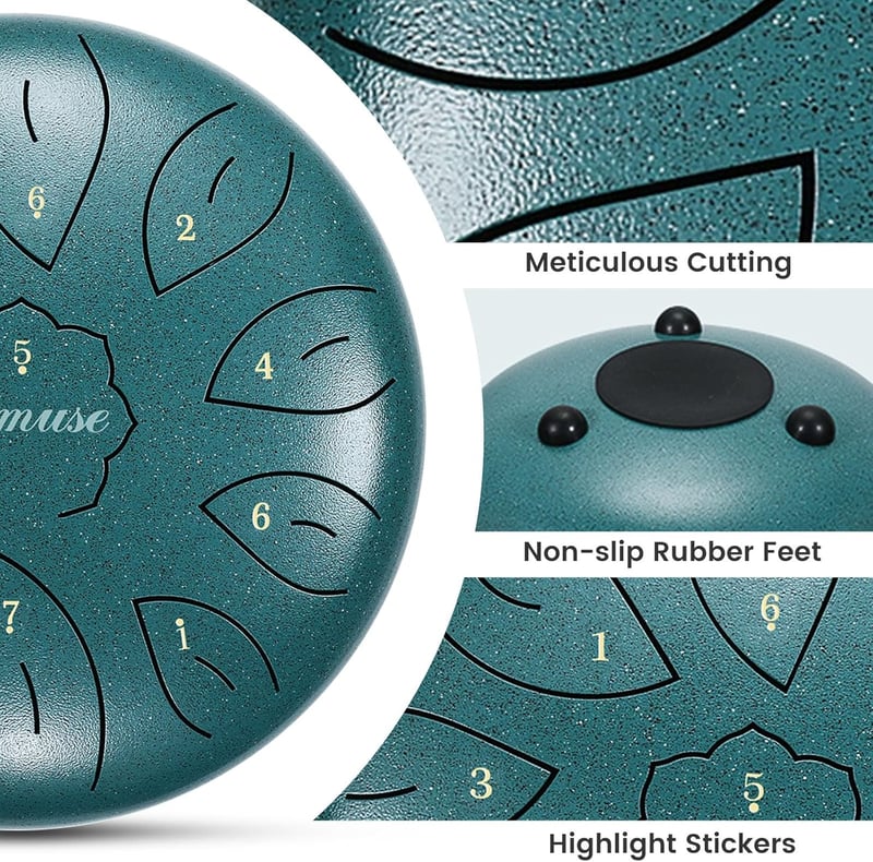 Asmuse Tongue Drum 10" - 11 Hangú C-Dúr Acél Handpan Dob Meditációhoz, Jógához - Pávatollkék Színben, Utazótáskával