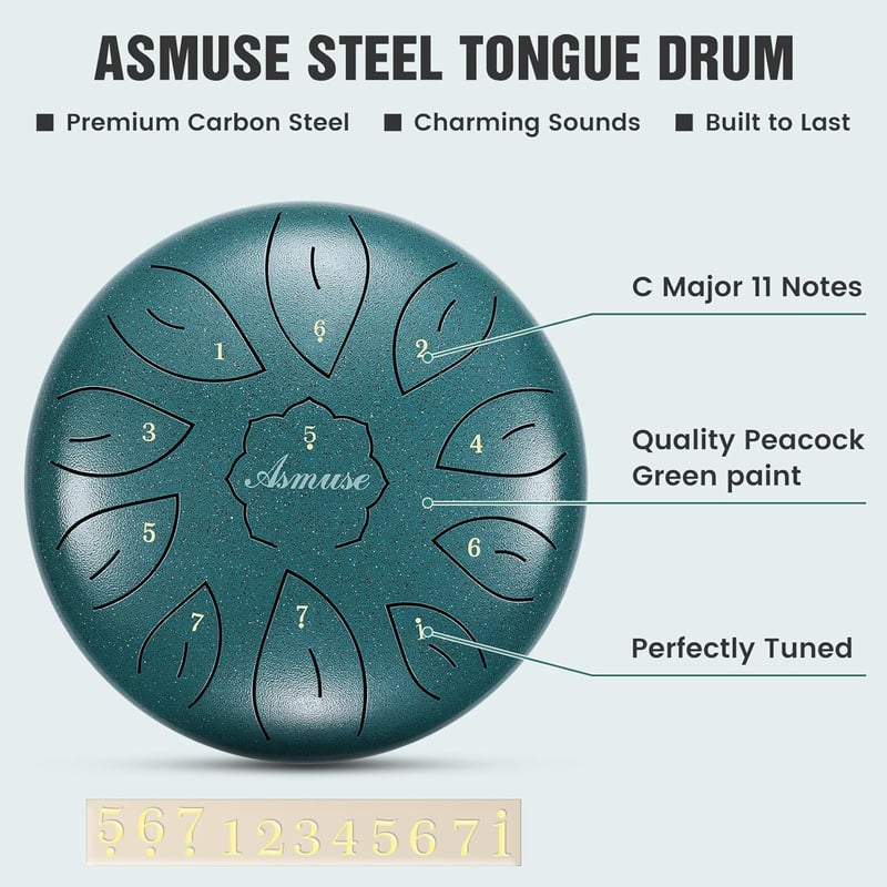 Asmuse Tongue Drum 10" - 11 Hangú C-Dúr Acél Handpan Dob Meditációhoz, Jógához - Pávatollkék Színben, Utazótáskával