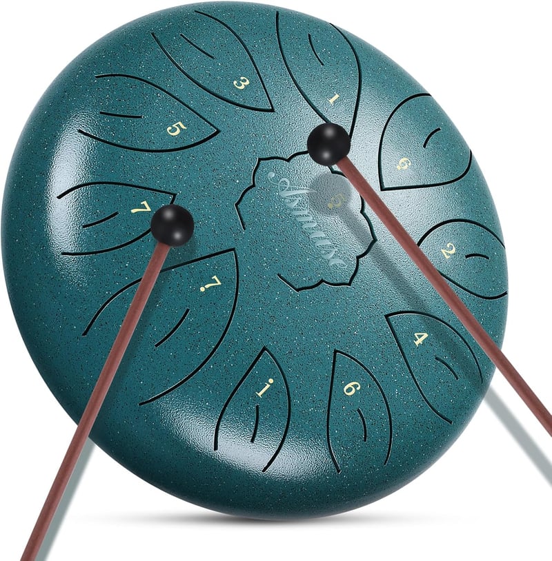 Asmuse Tongue Drum 10" - 11 Hangú C-Dúr Acél Handpan Dob Meditációhoz, Jógához - Pávatollkék Színben, Utazótáskával