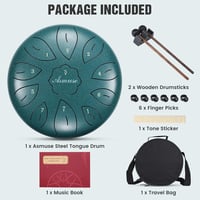 Asmuse Tongue Drum 10" - 11 Hangú C-Dúr Acél Handpan Dob Meditációhoz, Jógához - Pávatollkék Színben, Utazótáskával 7