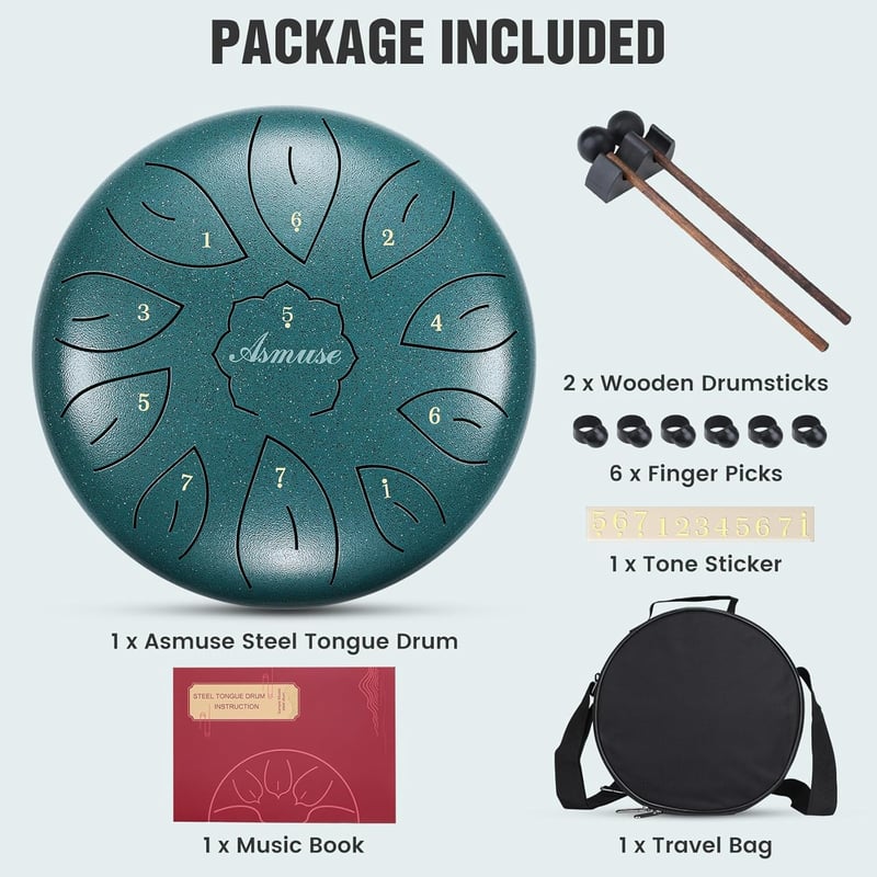 Asmuse Tongue Drum 10" - 11 Hangú C-Dúr Acél Handpan Dob Meditációhoz, Jógához - Pávatollkék Színben, Utazótáskával