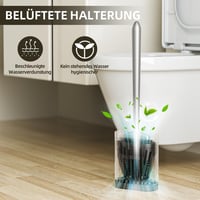 Perie de WC din silicon ASOBEAGE, argintiu - Cap flexibil, mâner lung, montare pe perete, cu suport cu uscare rapidă, pentru curățarea băii 5