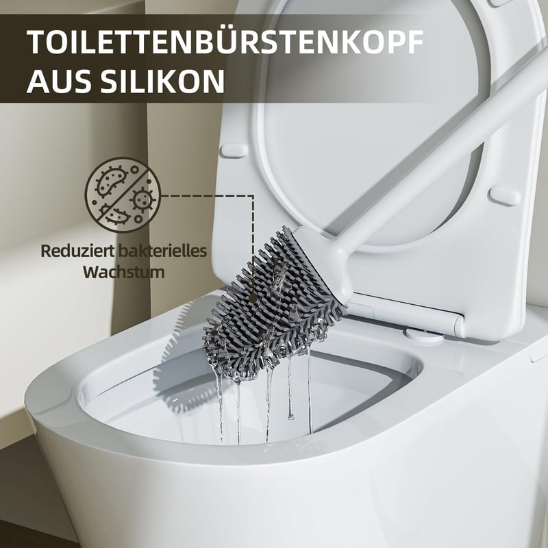 ASOBEAGE szilikon WC kefe hajlékony fejjel, hosszú nyéllel, falra szerelhető tartóval fehér