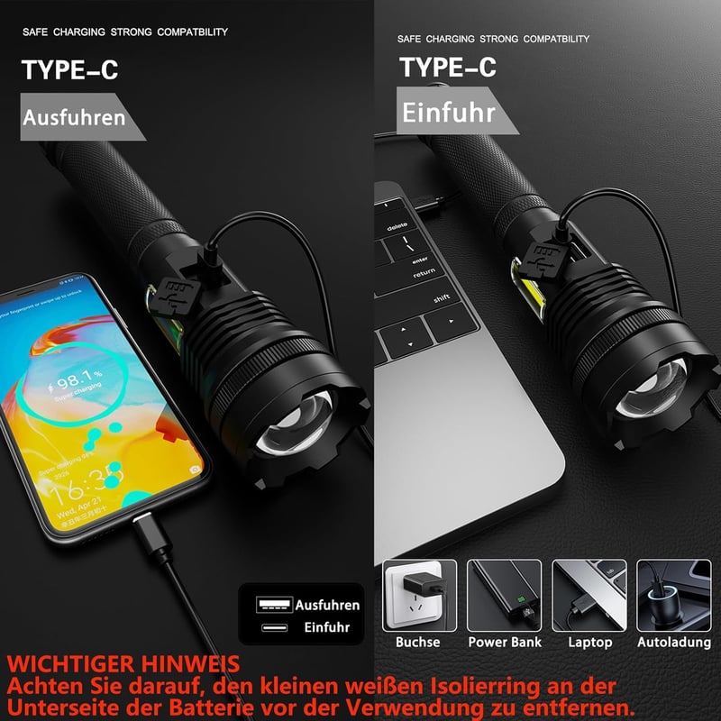 ASORT 990000 Lumen USB Töltős Taktikai Lámpa, Vízálló, 10 Üzemmód, Zoomolható