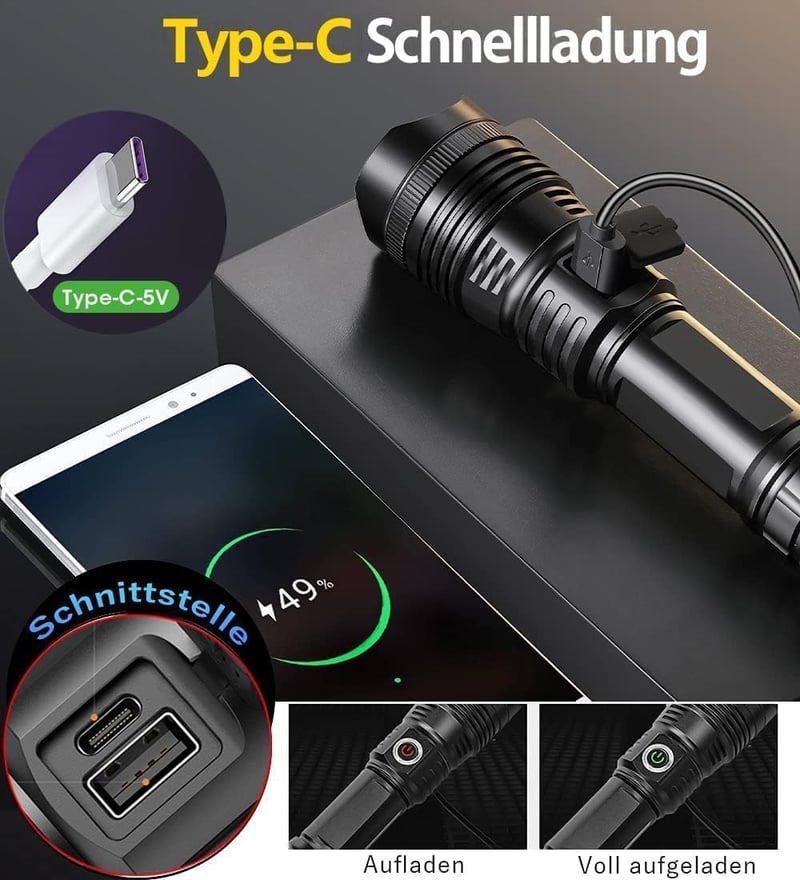 ASORT LED Lámpa 30000 Lumen XHP199 Taktikai Zoomható USB-C Vízálló Kempingezéshez