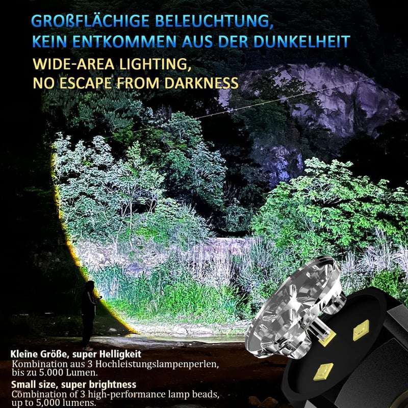 ASORT LED Zseblámpa 5000 Lumen Újratölthető 5 Üzemmód Vízálló Kemping Túrázás - Black