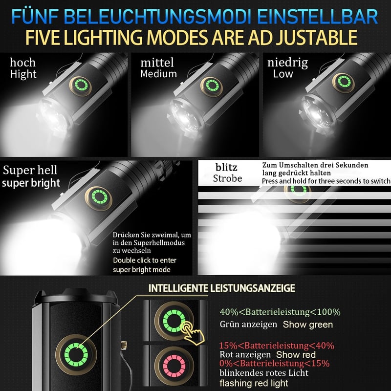 ASORT LED Zseblámpa 5000 Lumen Újratölthető 5 Üzemmód Vízálló Kemping Túrázás - Black