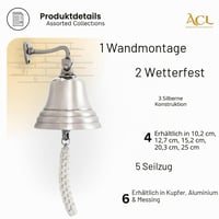 Nástenný ručný zvonček Assorted Collections pre bary a krčmy, námornícka dekorácia, strieborný, ostrý zvuk, na Vianoce a akcie 8