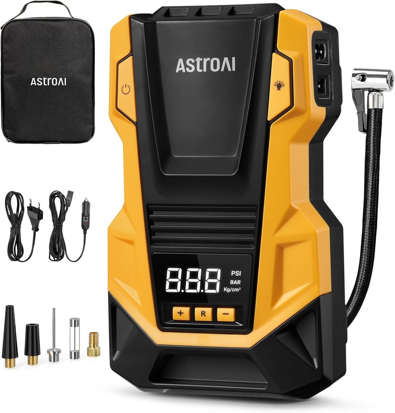 AstroAI 2 az 1-ben autó kompresszor 12V 230V, 10.3 bar gumiabroncs pumpa AC/DC