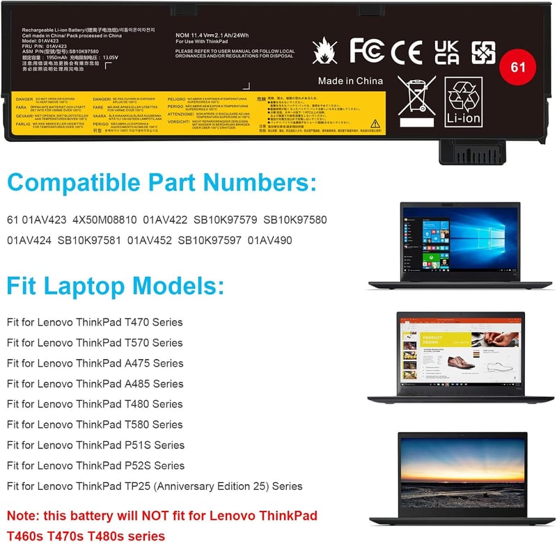 ASUNCELL 24Wh Laptop Akkumulátor Lenovo ThinkPad T470 T570 T480 T580 P51S P52S