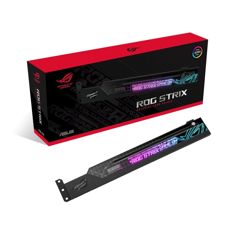 Držiak grafickej karty ASUS ROG Strix ARGB – Držiak na GPU s osvetlením AURA Sync RGB, nastaviteľná veľkosť, kompatibilný s ATX skriňami, čierny