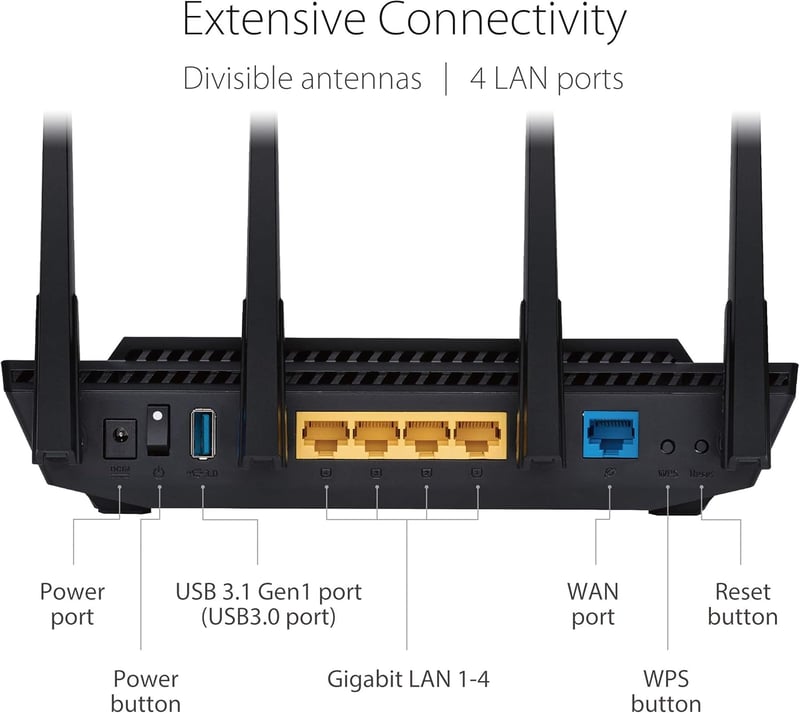 ASUS RT-AX58U Fekete Gaming Router WiFi 6 802.11ax Technológiával, Nagy Teljesítményű Vezeték Nélküli Internet Otthoni Hálózathoz