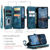 Husă Asuwish pentru iPhone 15 Pro, albastră, portofel din piele cu fermoar, suport, compartiment pentru carduri și folie de protecție pentru ecran, carcasă telefon iPhone 15 Pro 2