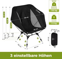 ATEPA 2 db összecsukható ultrakönnyű camping szék, magasságállítható, 150 kg, hordtáskával 2