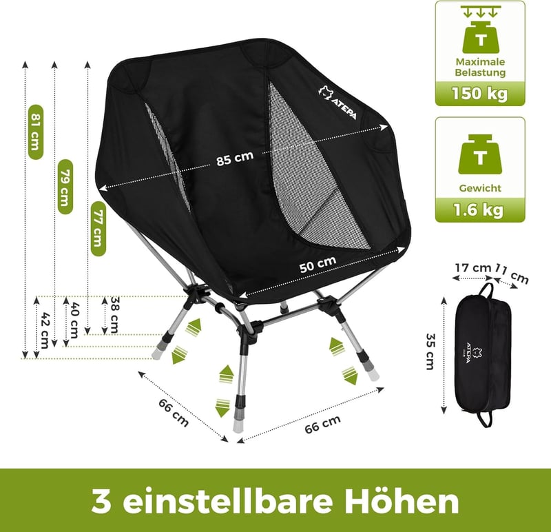 ATEPA 2 db összecsukható ultrakönnyű camping szék, magasságállítható, 150 kg, hordtáskával