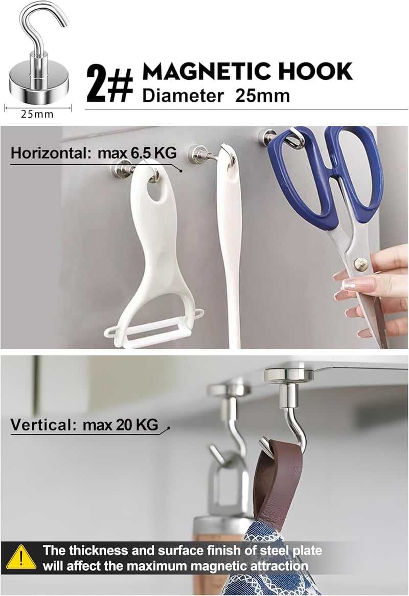 ATEWEITA Neodímium mágneses kampó készlet 10 kg, extra erős potmágnes, 6 db kampó hűtőre konyhába irodába szekrényre