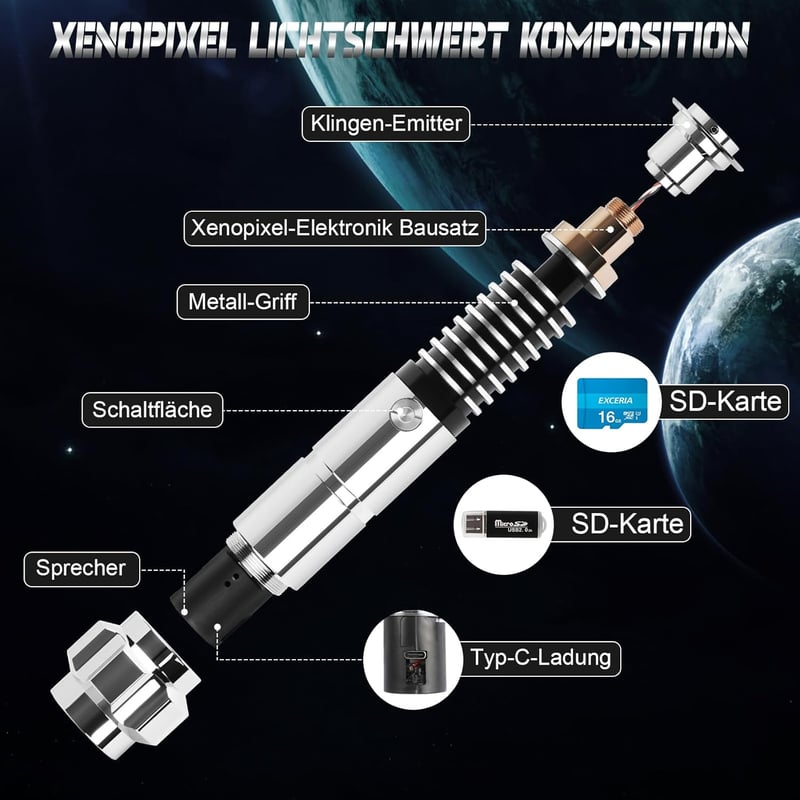Atexbser Xenopixel Fénykard - Luke Stílusú Fém Markolatú Fénykard Mozgásérzékelővel, 34 Hangfonttal, 16GB SD Kártyával, 16 RGB Színnel, 114c