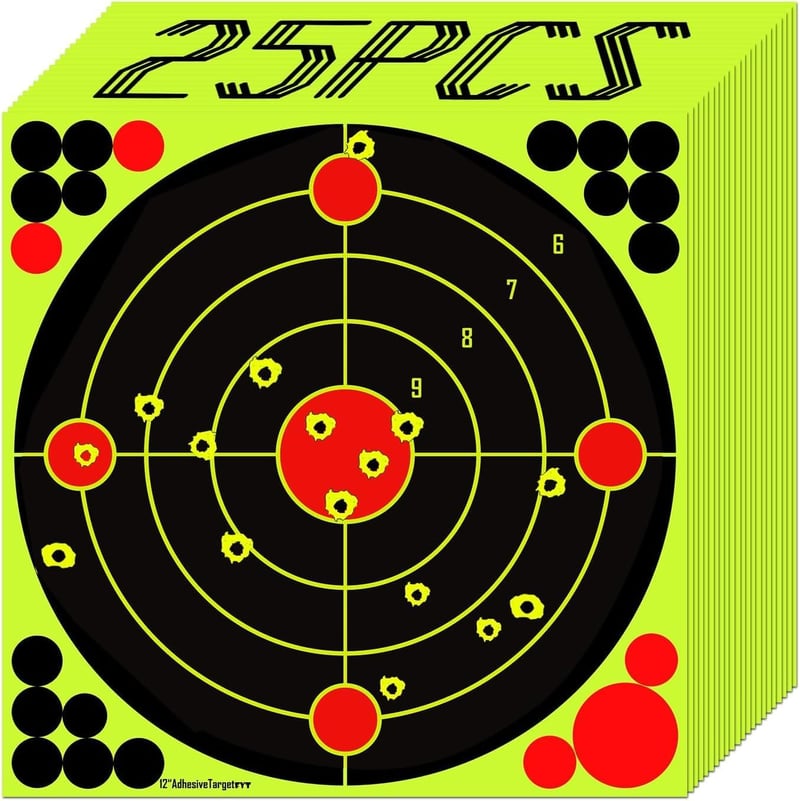 ATFLBOX 12" Fluoreszkáló Sárga Lőlap Csomag - 25 db Öntapadós Céltábla Matrica Pisztolyhoz, Légpuskához, BB és Airsoft Fegyverekhez - 21 Jav