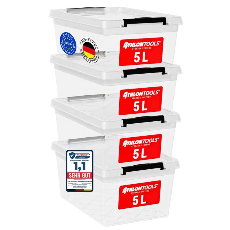 ATHLON TOOLS Set od 4 kutije za pohranu od 5 litara s poklopcem – kvaliteta za hranu, bez BPA