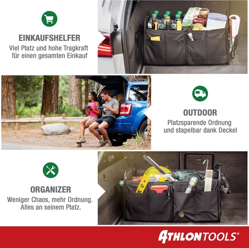 ATHLON TOOLS Premium Csizmatáska Fedéllel 60L XXL Szervezőtáska Vízálló Erős - Black / Red Decorative Stitching