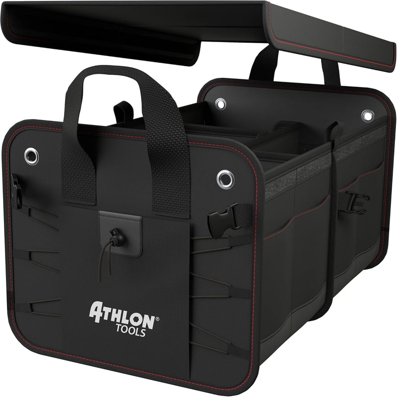 ATHLON TOOLS Premium Csizmatáska Fedéllel 60L XXL Szervezőtáska Vízálló Erős - Black / Red Decorative Stitching
