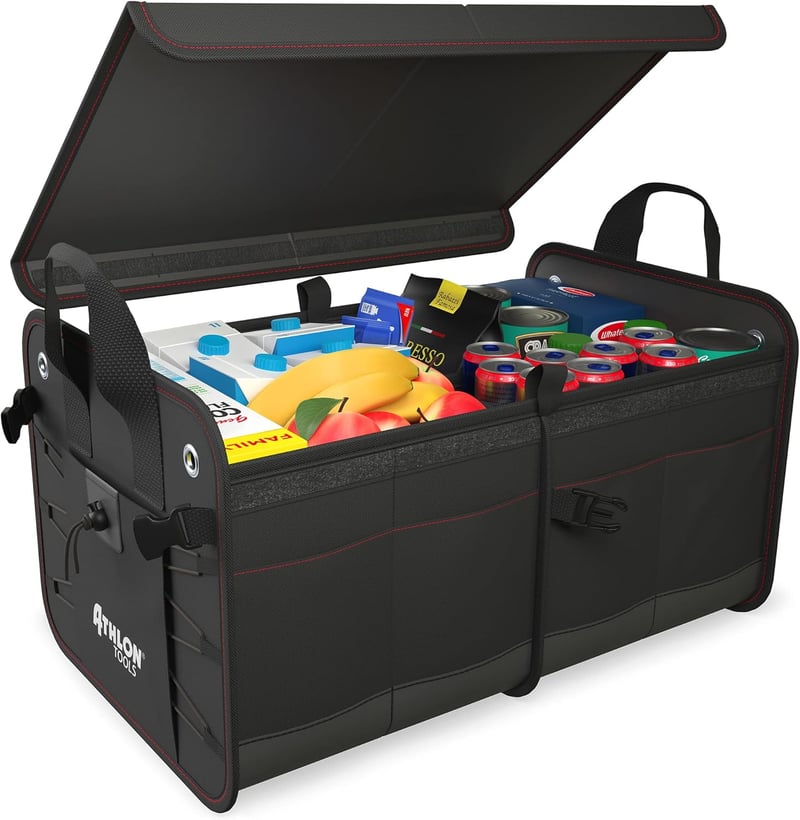 ATHLON TOOLS Premium Csizmatáska Fedéllel 60L XXL Szervezőtáska Vízálló Erős - Black / Red Decorative Stitching