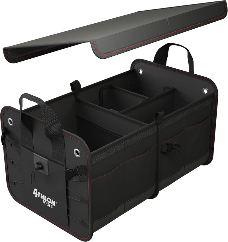 ATHLON TOOLS Premium Csizmatáska Fedéllel 60L XXL Szervezőtáska Vízálló Erős - Black / Red Decorative Stitching
