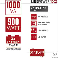 Atlantis A03-OP1002 OnLine UPS szerver dupla konverzió tiszta szinusz 1000VA 900W torony LCD USB RS-232 4 IEC EPO SNMP 2x12V-9Ah 7