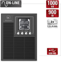 Atlantis A03-OP1002 OnLine UPS szerver dupla konverzió tiszta szinusz 1000VA 900W torony LCD USB RS-232 4 IEC EPO SNMP 2x12V-9Ah 2