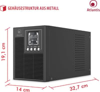Atlantis A03-OP1002 OnLine UPS szerver dupla konverzió tiszta szinusz 1000VA 900W torony LCD USB RS-232 4 IEC EPO SNMP 2x12V-9Ah 8