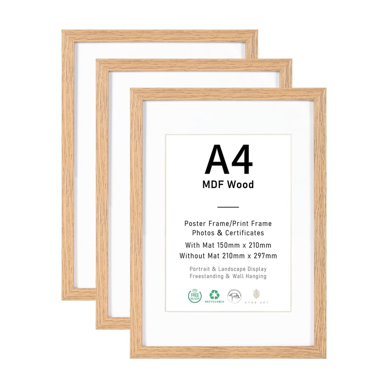 ATOBART Fotorámik A4, MDF, prírodné drevo, 3-dielna súprava, 21x29,7 cm, s akrylovým sklom, rámik na fotografie, diplomy a plagáty na zavesenie na stenu