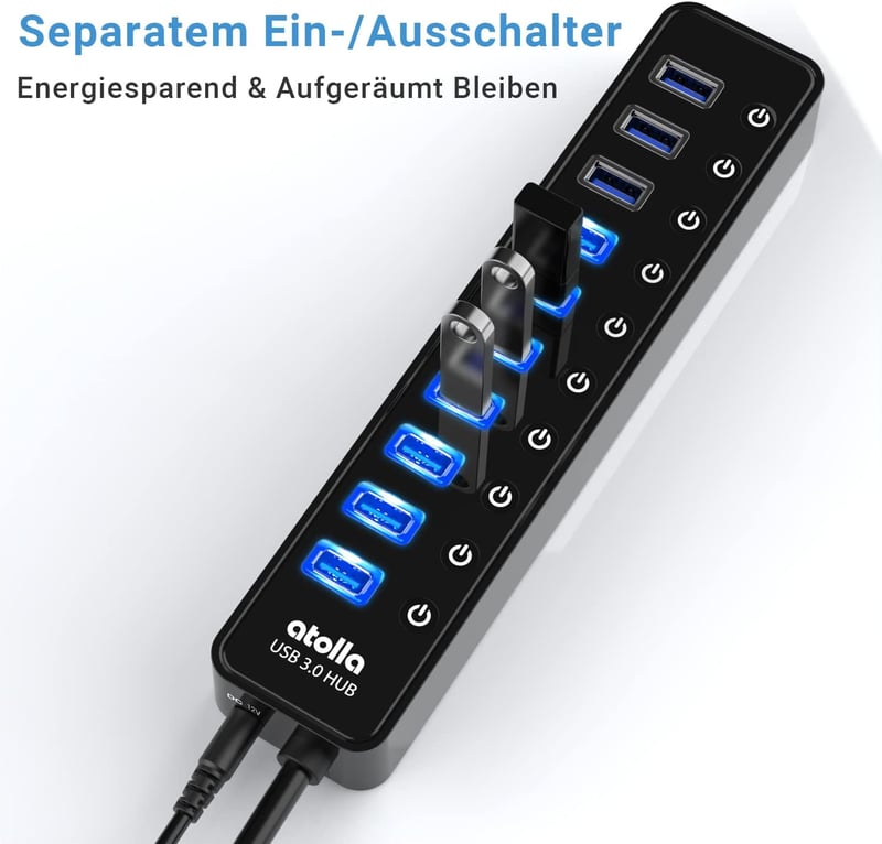 atolla USB 3.0 Hub 10 portos aktív elosztó 30W tápegységgel PC-hez