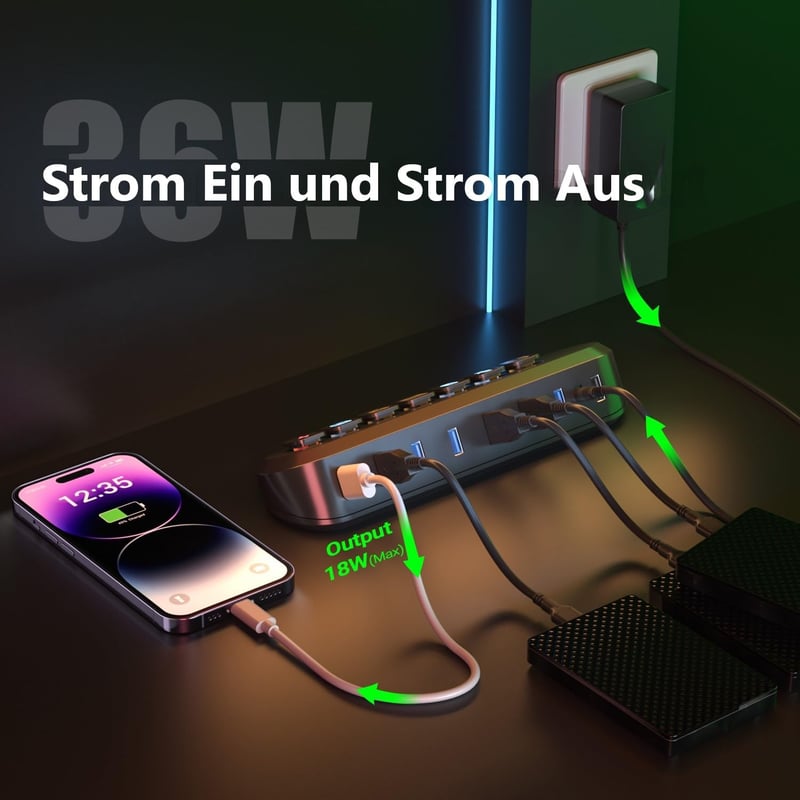 atolla USB 3.0 Hub 5 Gbps aktív 36W tápegységgel és gyorstöltő porttal