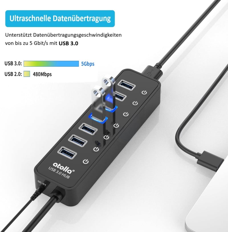 atolla USB 3.0 Hub 7 portos aktív adatközpont kapcsolóval és intelligens töltőporttal