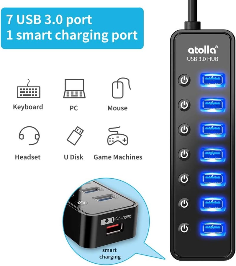 atolla USB 3.0 Hub 7 portos aktív adatközpont kapcsolóval és intelligens töltőporttal