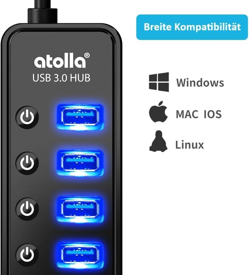 atolla USB 3.0 Hub 7 portos aktív adatközpont kapcsolóval és intelligens töltőporttal