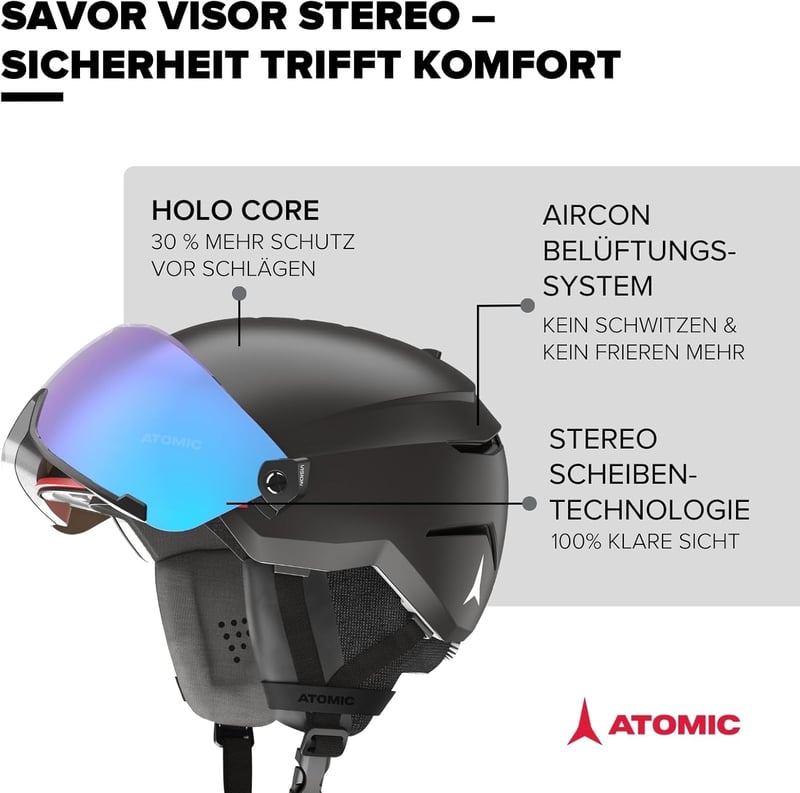 ATOMIC Savor Visor Stereo sísisak beépített napszemüveggel, 360° Fit rendszer és Active Aircon szellőzés - S, Black