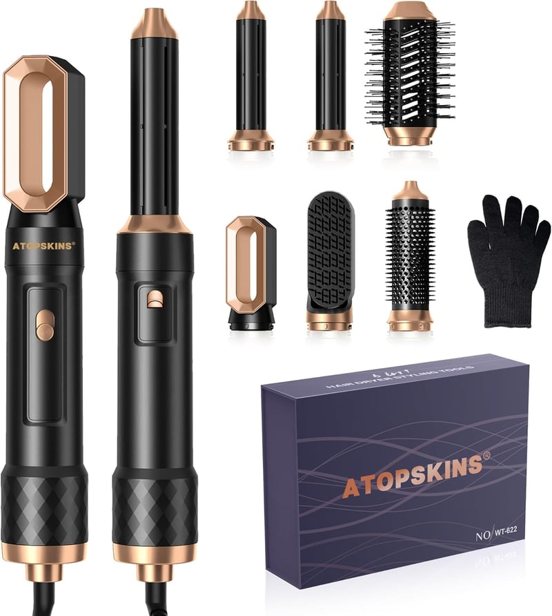 Atopskins 6 az 1-ben Hajformázó Készlet - 1000W Hajszárító, Körkefe, Göndörítő, Egyenesítő, Automata Légáramú Hajformázó Kefe Ionos Technoló