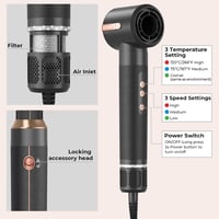 Atopskins 7-in-1 Hajformázó Készlet - 110.000 RPM Hajszárító, Meleglevegős Körkefe, Hajvasaló, Diffúzor - Ionos Hajápolás, Fekete-Arany 7