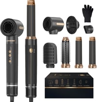 Atopskins 7-in-1 Hajformázó Készlet - 110.000 RPM Hajszárító, Meleglevegős Körkefe, Hajvasaló, Diffúzor - Ionos Hajápolás, Fekete-Arany 1