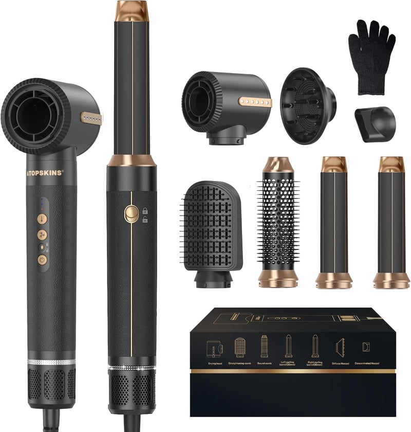 Atopskins 7-in-1 Hajformázó Készlet - 110.000 RPM Hajszárító, Meleglevegős Körkefe, Hajvasaló, Diffúzor - Ionos Hajápolás, Fekete-Arany