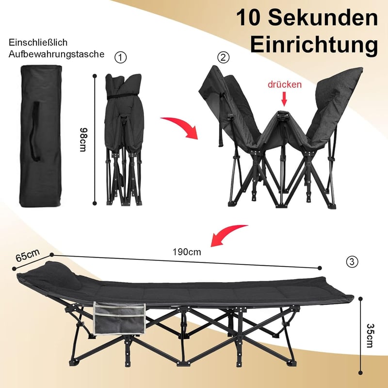 ATORPOK SHOP összecsukható kempingágy extra széles kerti ágy kültéri beltéri - Black