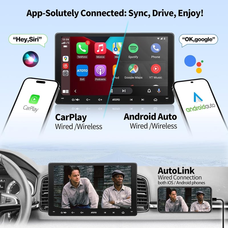 ATOTO F7WE Dupla DIN Autórádió, Vezeték Nélküli CarPlay és Android Auto, HD Érintőképernyő, Bluetooth, MirrorLink, HD Tolatókamera, FM/AM, G