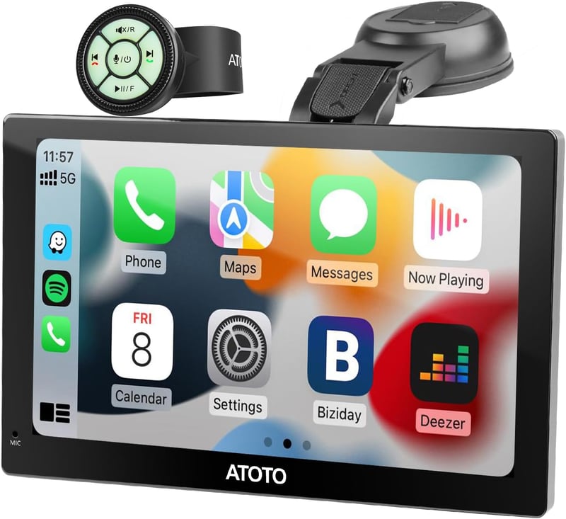 ATOTO P5 Hordozható Autórádió 9" QLED Tükröződésmentes Érintőképernyővel, Vezeték Nélküli CarPlay és Android Auto, Bluetooth, Automatikus Fé