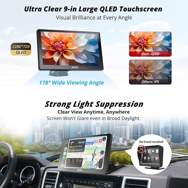 ATOTO P5 Hordozható Autórádió 9" QLED Tükröződésmentes Érintőképernyővel, Vezeték Nélküli CarPlay és Android Auto, Bluetooth, Automatikus Fé